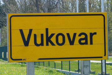 Traffic sign at the entrance to the city of Vukovar, Croatia.
