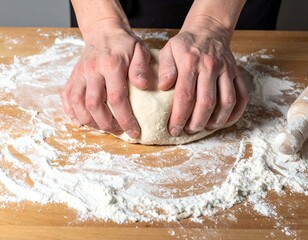 Hands kneading dough on a floured wooden surface.  Baking bread.