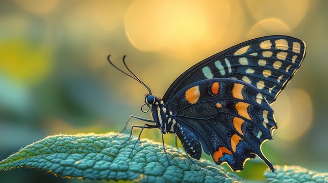 Black and orange butterfly on green leaf with pastel background, radiating calm beauty.