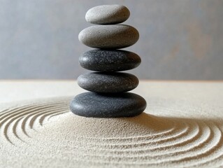 Stacked stones on raked sand in zen garden setting close up for meditation and relaxation wellness concept