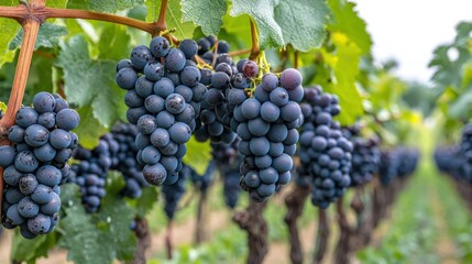Clusters of ripe dark purple grapes on vines