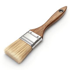 Hyper-Realistic Paintbrush with Wooden Handle and Clean Bristles Isolated on White Background