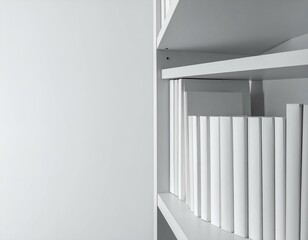 Naklejka premium White books on a white shelf against a white wall. Minimalist bookshelf with blank book covers. Perfect for mockups or design projects.