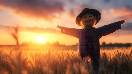 A scarecrow placed in full view in a wheat field at dawn