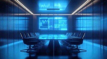 Modern conference room with illuminated displays.  Dark, sleek design, featuring a large conference table with surrounding chairs, and glowing, data-rich screens