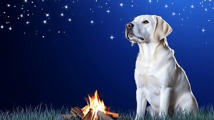 A Labrador sits by a campfire under a starry night sky, surrounded by grass.