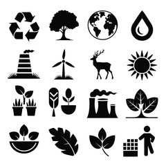 Set of various, stylized silhouettes of environmental icons, presented in a grid format on a plain white background.  Each icon represents a different aspect of sustainability. Go green