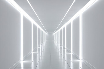 Fototapeta premium A long corridor with white walls and bright lighting, ideal for architectural or interior design projects