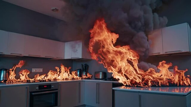 Raging inferno consumes a contemporary kitchen, with bright orange flames and billowing black smoke. A terrifying scene of domestic disaster, uncontrolled fire, and imminent danger in a modern home.