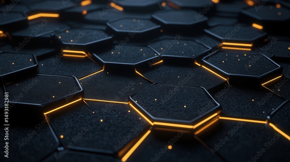 Poster hexagonal connection points on a dark background, forming an intricate web of lines and data, illust