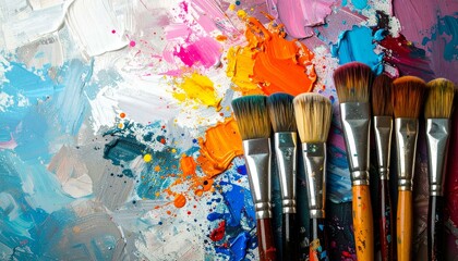 Colorful paintbrushes on a vibrant palette, showcasing artistic tools and texture.