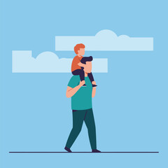Father Carrying Son on Shoulders Enjoying a Sunny Day