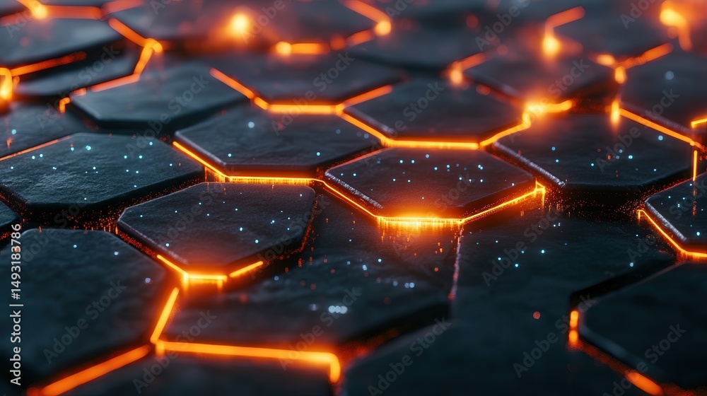 Poster hexagonal grids with glowing lines connecting digital points, representing the intricate and powerfu