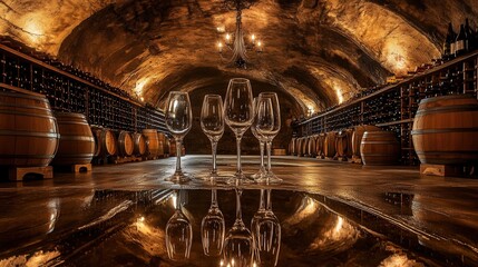 Obraz premium Hanging wine glasses in a well-lit wine cellar, reflecting the rich tones of the wooden shelves and surrounding bottles