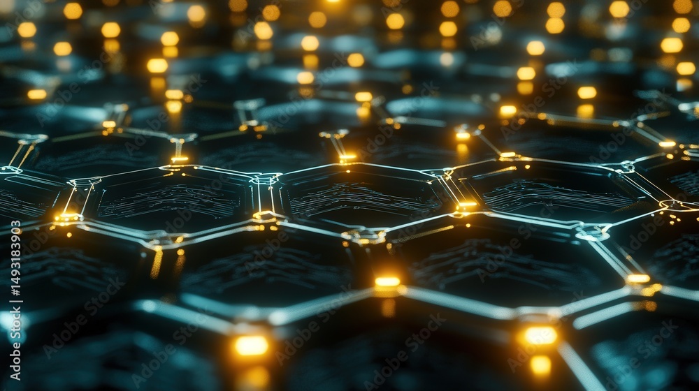 Poster technology lines forming a digital lattice, where each connection point glows and pulses, symbolizin