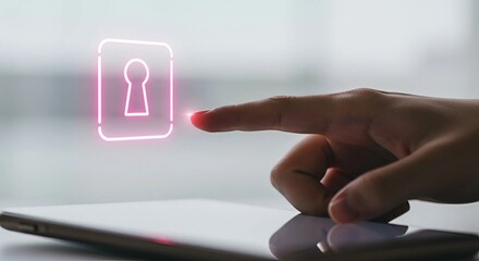 woman hand interacting with a pink glowing keyhole icon on a digital screen. Access control and security technology concept.