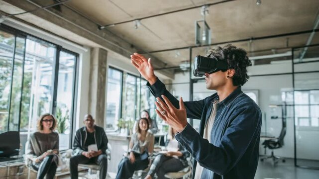 Man Demonstrating Virtual Reality Technology to a Diverse Group of Coworkers in a Modern Office Setting With Concrete Walls and Large Windows - Powered by Adobe