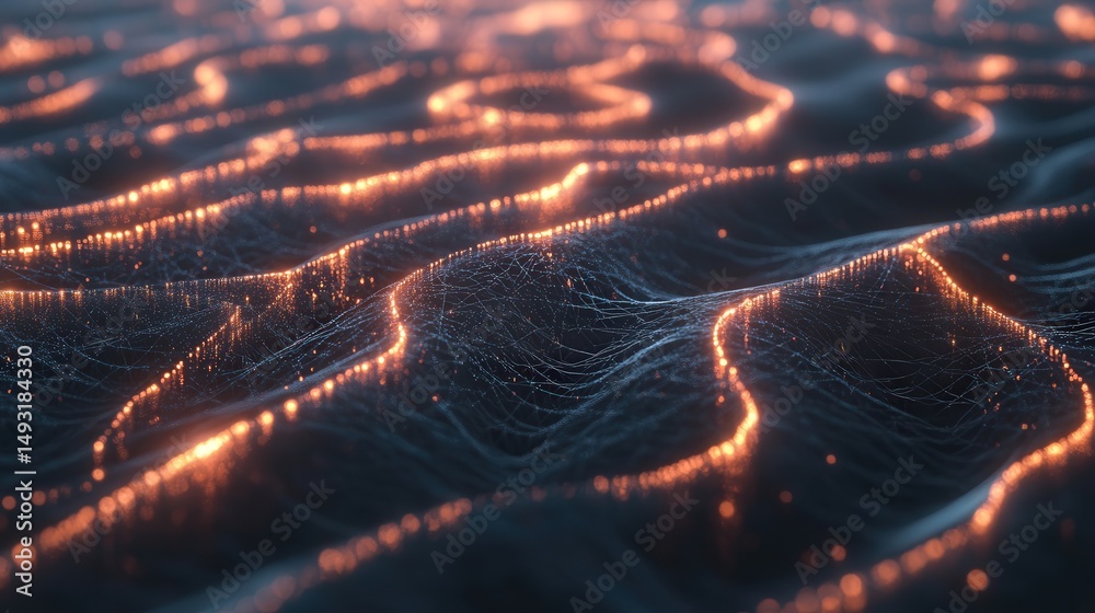 Poster interconnected nodes and lines in a 3d space, symbolizing ai technology concepts with dynamic lighti