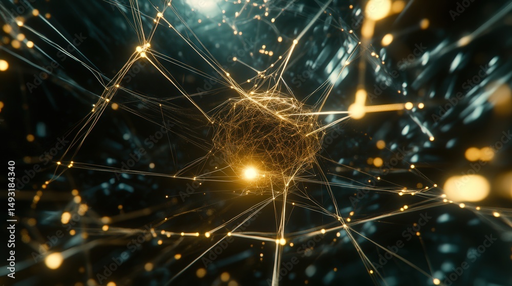 Poster interconnected nodes and lines in a 3d space, symbolizing ai technology concepts with dynamic lighti