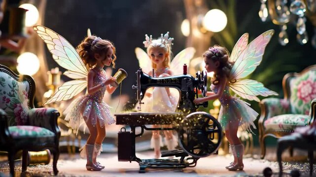 Three miniature fairies with sparkling wings operate a vintage sewing machine. Perfect for children's content, fantasy craft visuals, or magical storytelling. The art of tiny creation. 4k 60 fps.