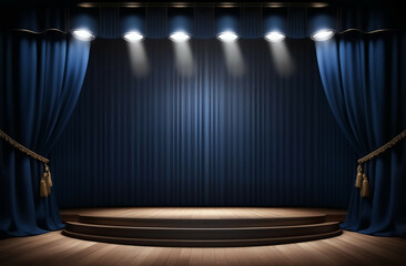 empty 3d room background template of a theater stage spotlights and dark blue and black curtains