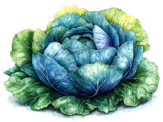 Obraz premium Watercolor painting of a large blue and green leafy vegetable. The painting is of a head of cabbage, with the green leaves surrounding the blue center. The painting has a serene and peaceful mood
