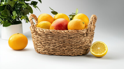 Beautiful basket filled with fresh oranges and lemons, showcasing vibrant colors and natural textures