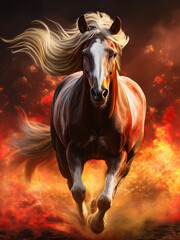 Generated Image of a mustang horse galloping through fire and flames, poster background