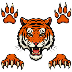 Fototapeta premium Vector illustration of a roaring tiger head with sharp fangs, alongside front and bottom views of tiger paws with claws.