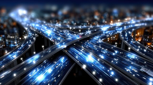 Abstract cityscape at night, vibrant lights illuminating urban landscape, ideal for technology or innovation themes.