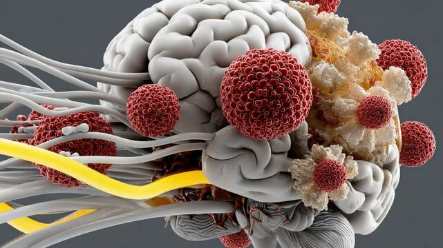 Brain Anatomy Depiction: A detailed medical illustration revealing the complex structures of the human brain, highlighting its intricate network of neurons, cells, and key functional areas.