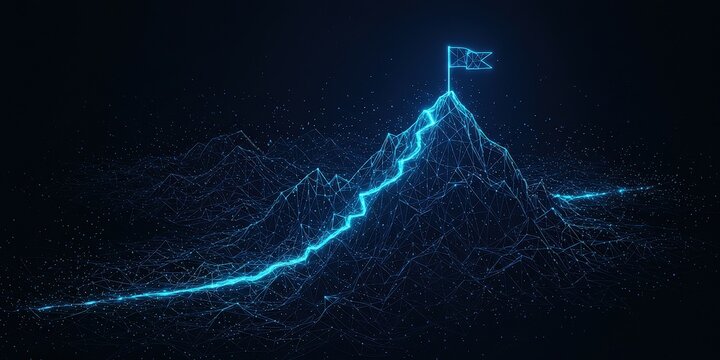 Digital mountain with flag on peak, symbolizing success, achievement, and overcoming challenges in business and technology.