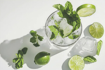 Obraz premium Refreshing Mojito Cocktail in a Glass with Mint Leaves and Lime Slices on a Reflective Surface Captured in Realistic 8K with Exceptional Detail and Clarity