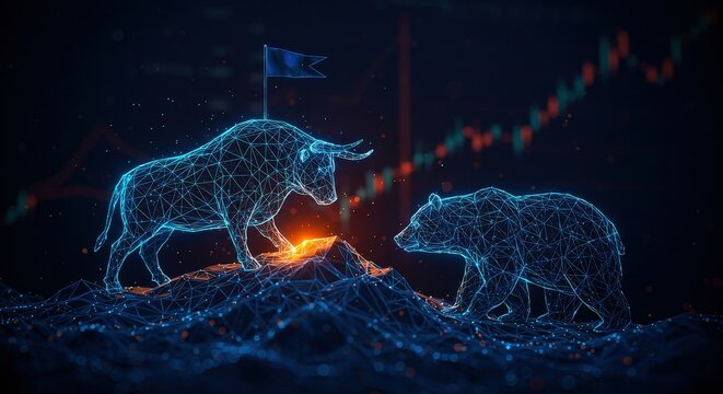 Digital bull and bear face off on a mountain, representing stock market trends with an upward chart in the background.