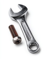 Close-up of a wrench and bolt against a white background.  Tools of the trade.