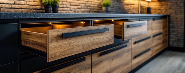Modern kitchen interior with elegant wooden drawers and stylish black accents.