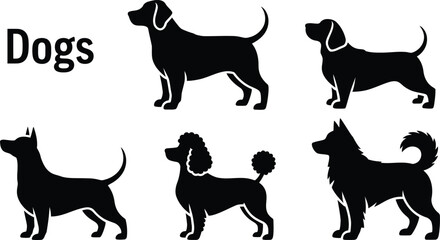 Five different dog breeds silhouettes black white