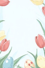 Pastel tulips and Easter eggs frame a light blue background