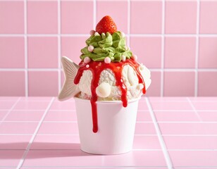 Delightful taiyaki featuring creamy ice cream topped with green frosting and a red sauce splash.