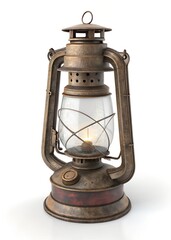 Vintage Oil Lamp with Aged Metal and Glass Chimney Isolated on White Background