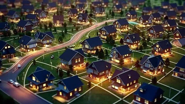 Nightfall in a Suburban Enclave: An Aerial View of Illuminated Homes and Winding Roads
