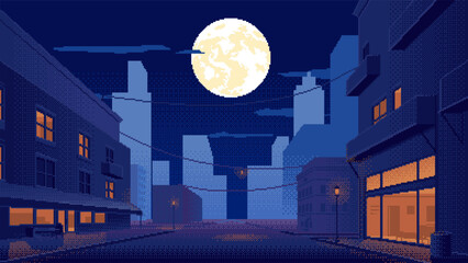 Pixel art night cityscape with road on street and moon in sky. 8-bit video game vector background. © ad_stock