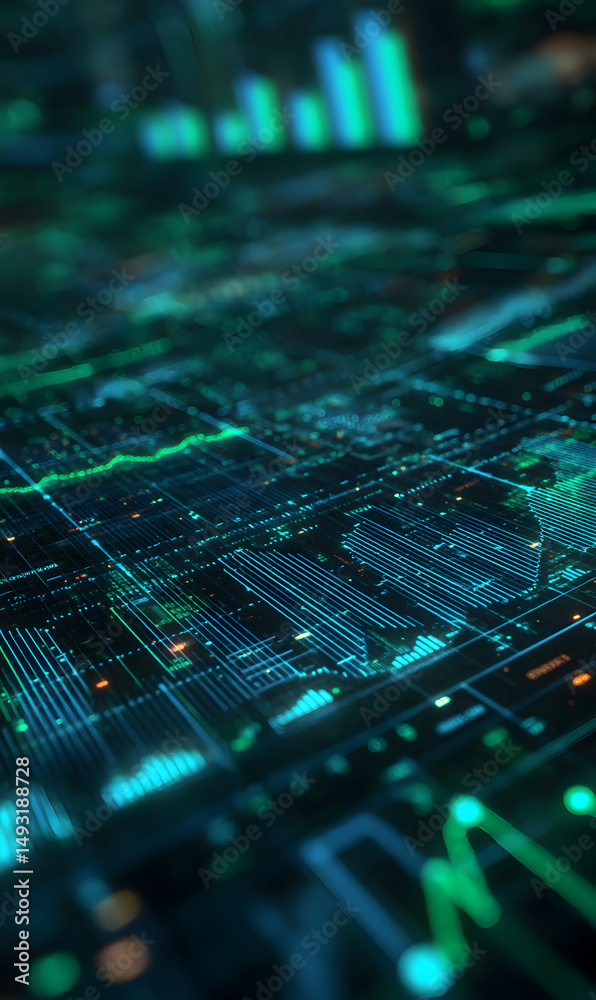 Poster abstract digital cityscape with glowing charts graphs and data streams creating a futuristic atmosph