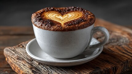 A close-up shot of a cappuccino with heart-shaped latte art in a white cup on a weathered wooden table.