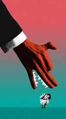 Red hand with sharp claws descends toward frightened crouching woman. Contemporary art collage....