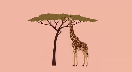 Giraffe Eating From Acacia Tree In Simple Pixel Art