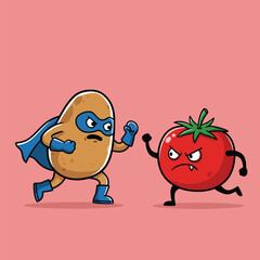 Superhero Potato Battles Angry Tomato in Cartoon Illustration