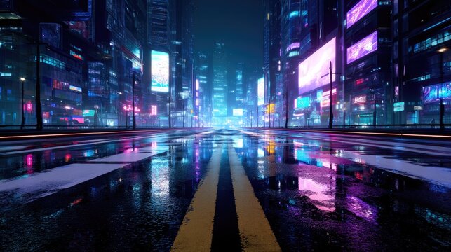 Futuristic cyberpunk boulevard with vivid neon signage, wet asphalt, and city lights reflected in puddles, perfect for sci-fi art, game environments, and digital design concepts