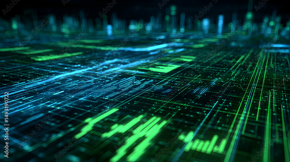 Poster futuristic digital cityscape with glowing neon lines and interconnected networks representing data f