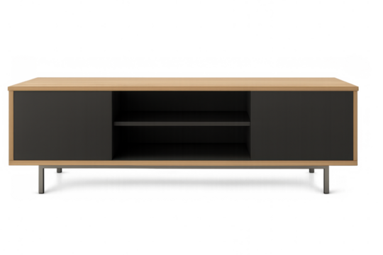 Modern tv console with light wood surface, black sliding doors, central open shelf, slim metal legs, minimalist design against transparent backdrop